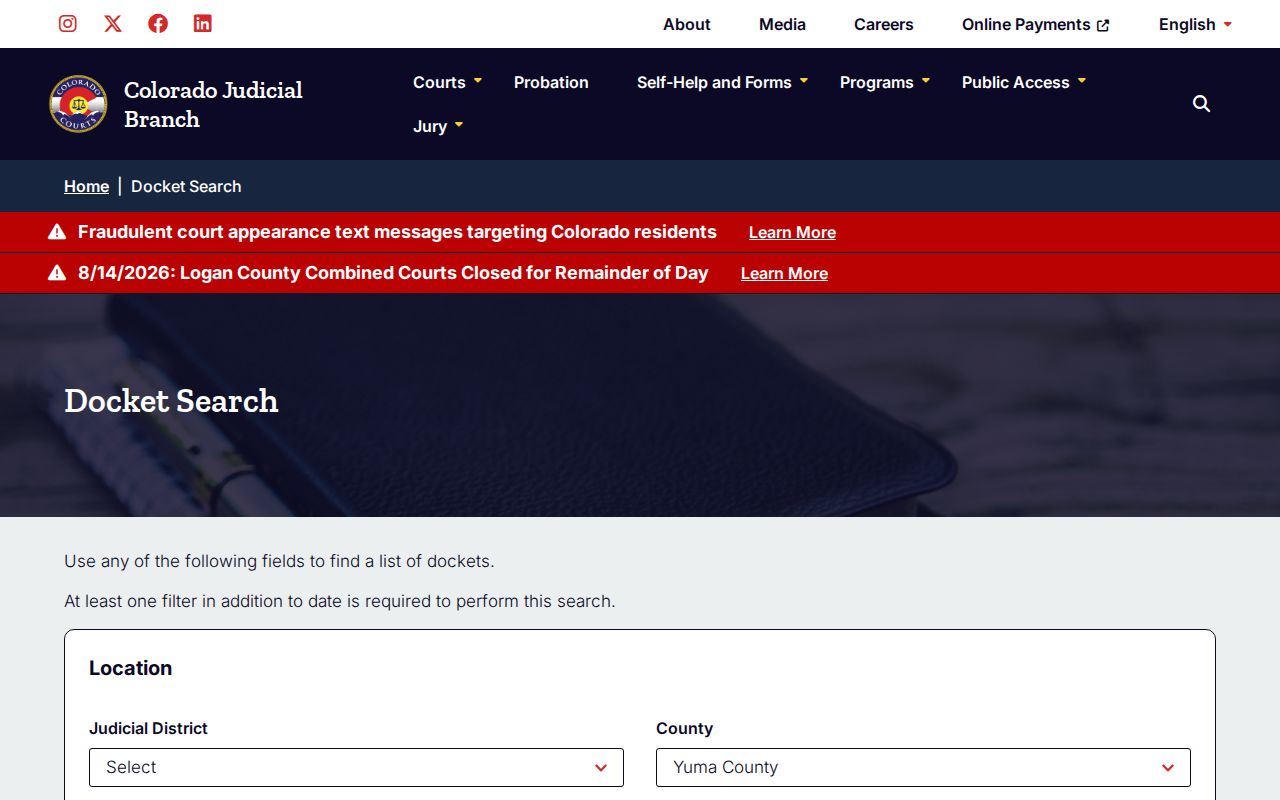 Yuma County court calendar filtered docket search page