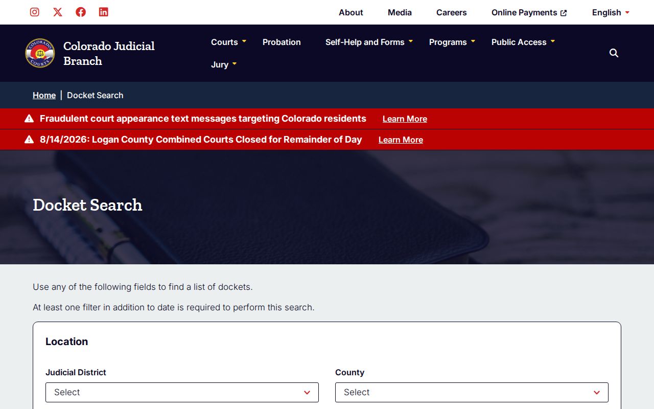 Yuma County court date search fields on Colorado's statewide docket calendar
