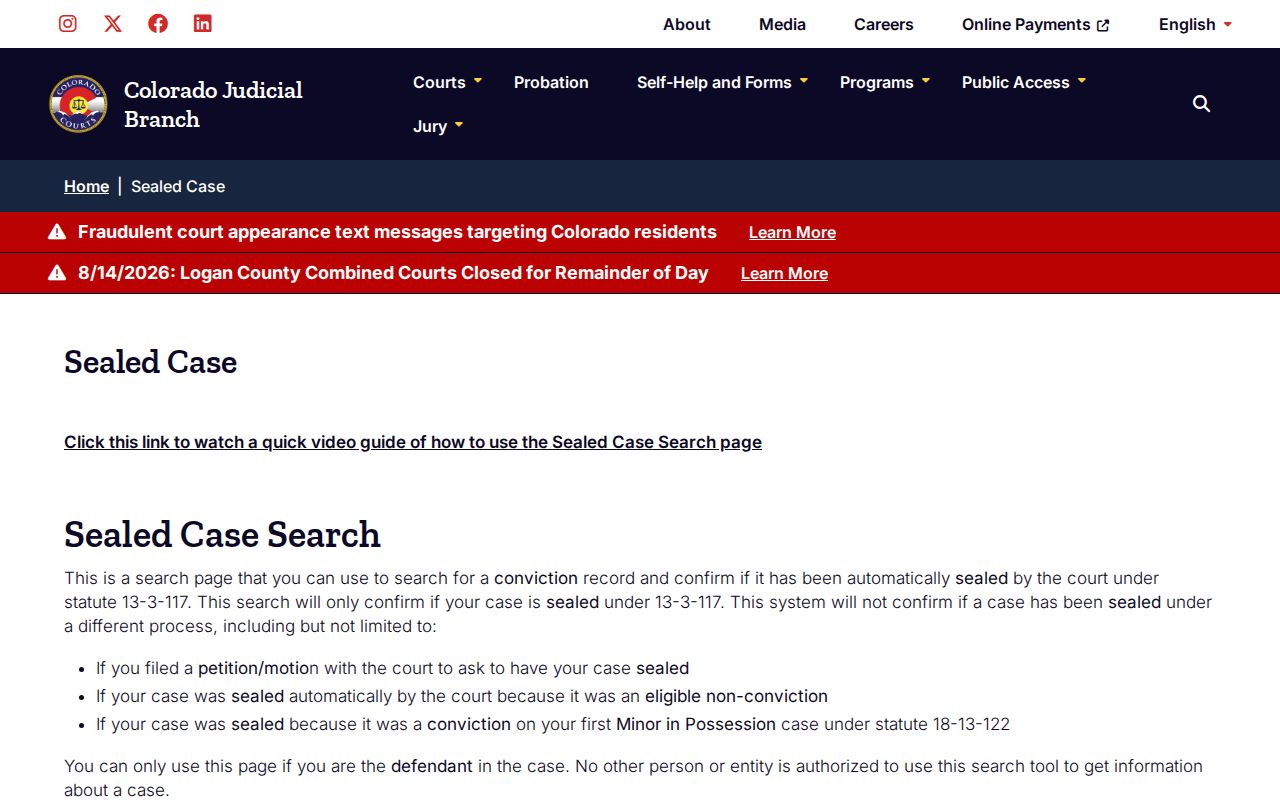 Yuma County criminal docket sealed case search page
