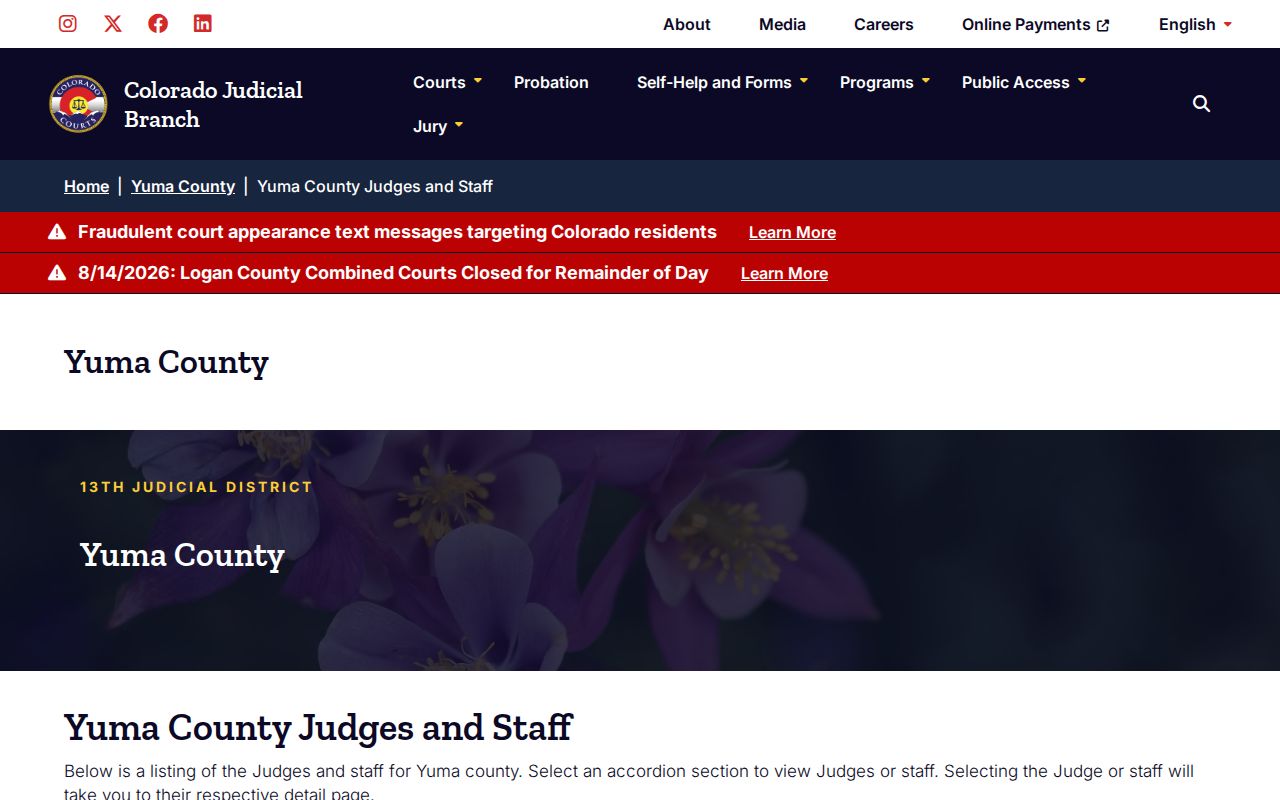 Yuma County court docket judges and clerk staff page